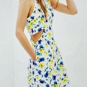 Zara Asymmetrical Floral Dress - Blue and Yellow with inseam side pockets Size M